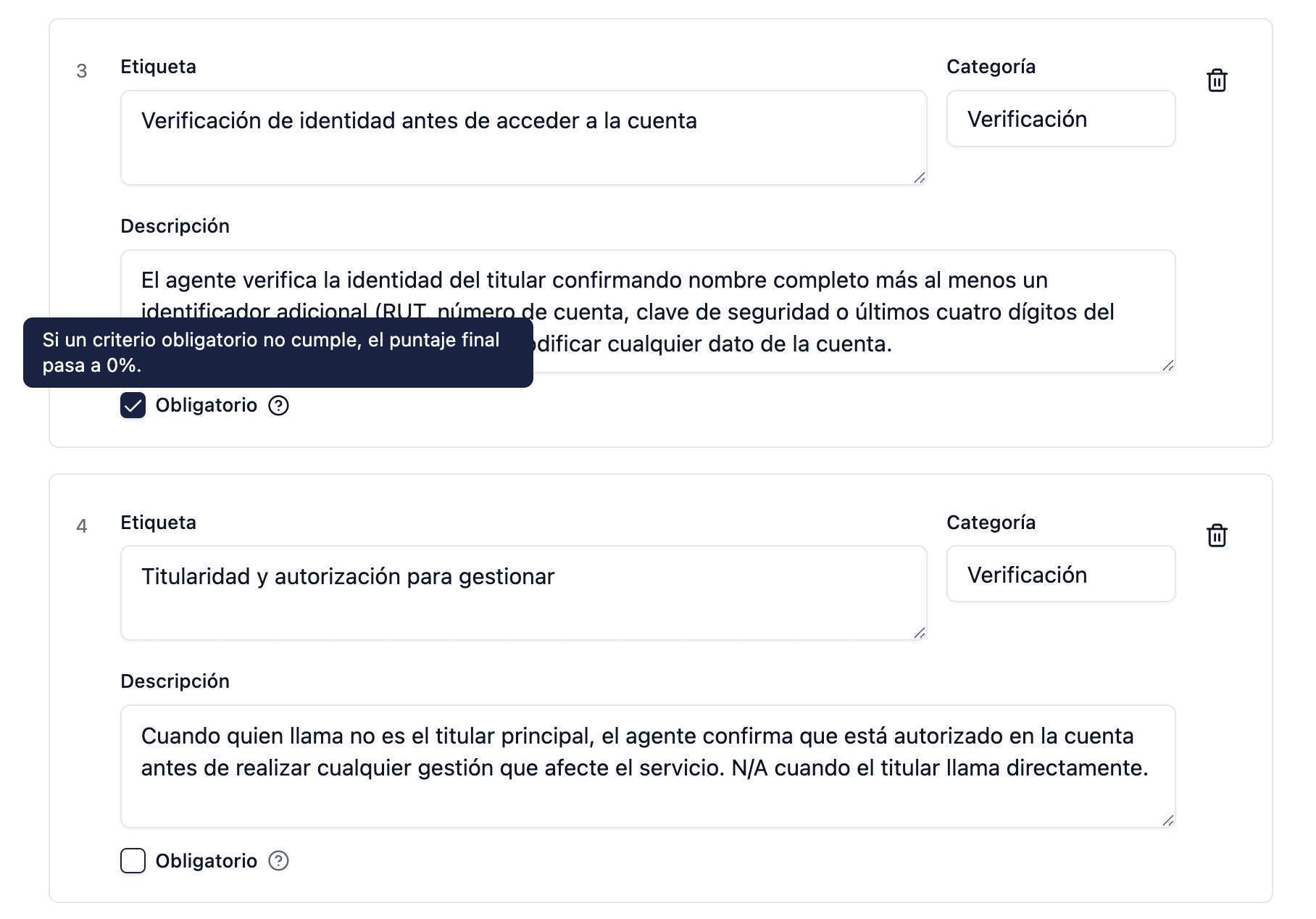 Editor de rúbrica mostrando la configuración de un criterio con switch de obligatoriedad y campo de categoría